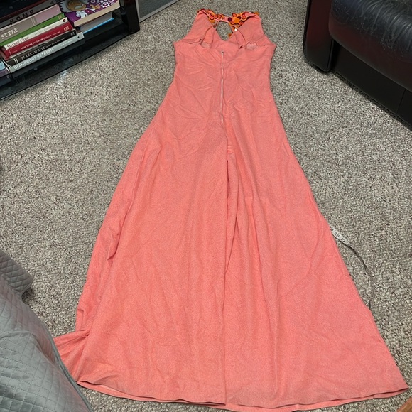 Vintage 70s poly ultra wide leg bell bottom jumpsuit with metallic disc neck - Picture 10 of 13